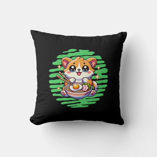 Kawaii Corgi eating bowl of Ramen Cushion (Front)