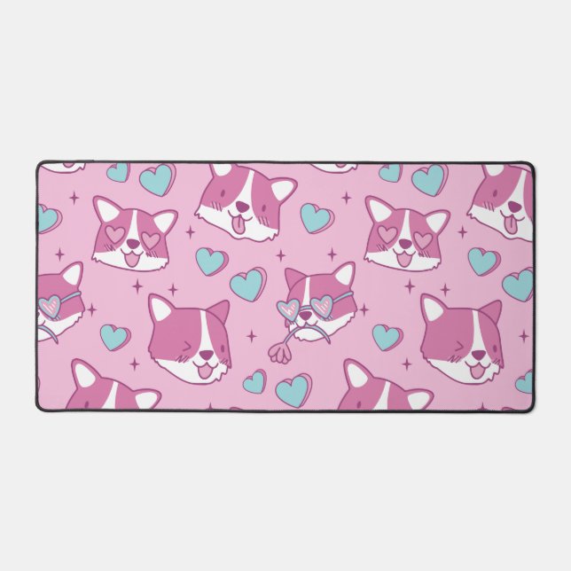 Kawaii Corgi Love Pattern Desk Mat (Front)