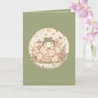 Kawaii Cottagecore Cat Pile with Frog Hat Greeting Card