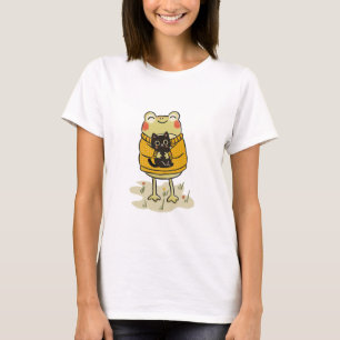 Kawaii Cottagecore Frog And Black Cat Illustration T-Shirt