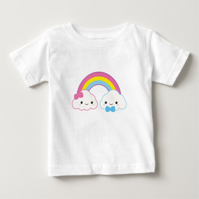 Kawaii Couple Clouds with Rainbow Baby T-Shirt (Front)