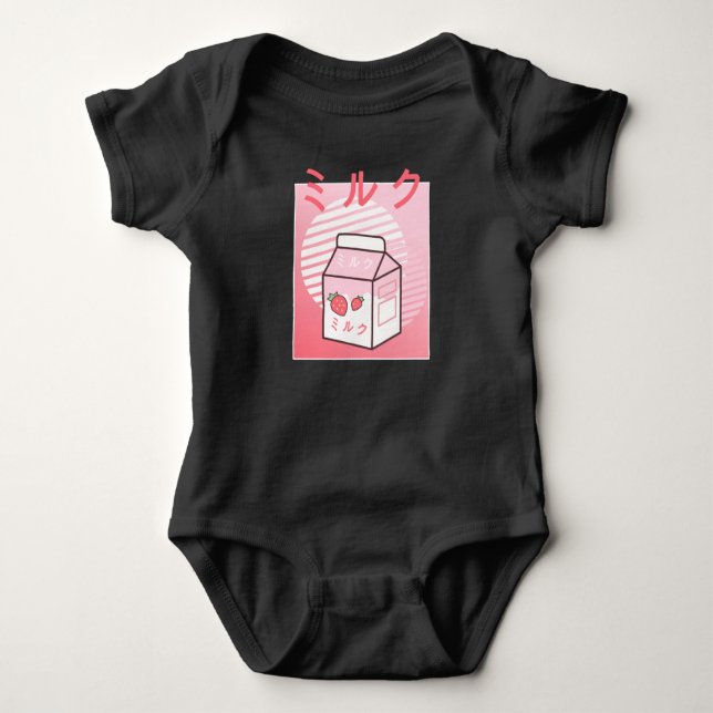 Kawaii Cow Retro Japanese Strawberry Milkshake Baby Bodysuit (Front)