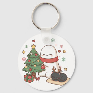 Kawaii Cozy Christmas Ghost & Reindeer Cat  Key Ring