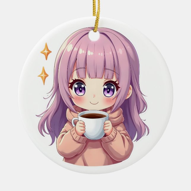 Kawaii Cozy Coffee Girl – Pastel Aesthetic sticker Ceramic Tree Decoration (Front)