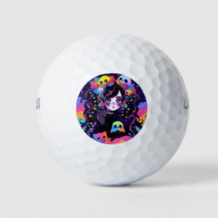 Kawaii Creepy Neon Goth Anime Girl and Skulls Golf Balls