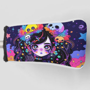 Kawaii Creepy Neon Goth Anime Girl and Skulls Golf Head Cover