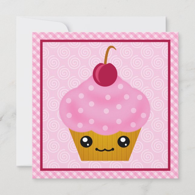 Kawaii Cupcake Cherry Birthday Party Invitations (Front)