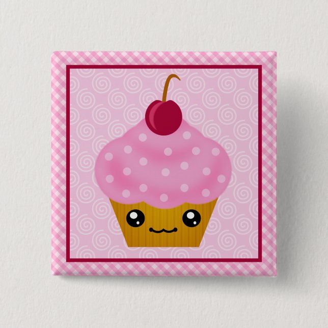 Kawaii Cupcake Cherry Square Button (Front)