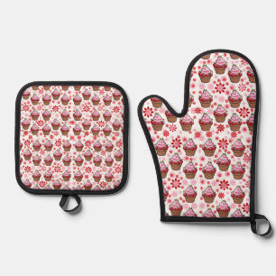 Kawaii Cupcake Design – Cute Dessert Illustration Oven Mitt & Pot Holder Set