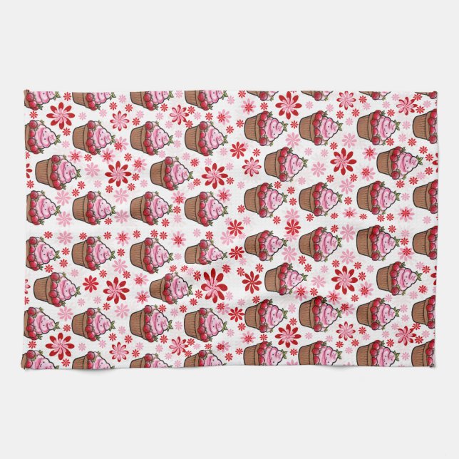 Kawaii Cupcake Design – Cute Dessert Illustration  Tea Towel (Horizontal)
