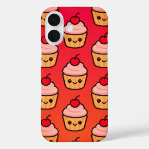 Kawaii Cupcake Grid with Smiling Faces and Cherry iPhone 16 Case