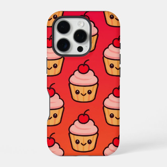 Kawaii Cupcake Grid with Smiling Faces and Cherry  iPhone Case (Back)