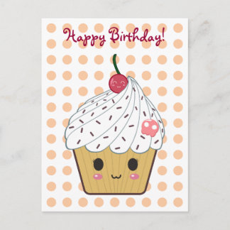 Kawaii Cupcake in Polka Dots "Happy Birthday" Postcard