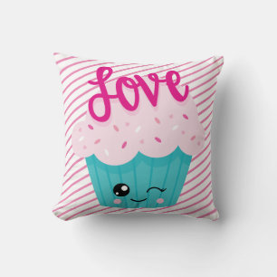 Kawaii Cupcake Love Pink Teal Stripe Cute Girly Cushion
