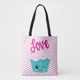 Kawaii Cupcake Love Pink Teal Stripe Cute Girly Tote Bag