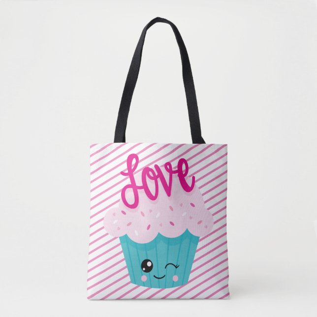 Kawaii Cupcake Love Pink Teal Stripe Cute Girly Tote Bag (Front)