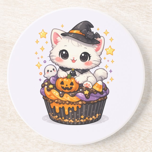 Kawaii Cupcake Witch Kitty  Coaster (Front)