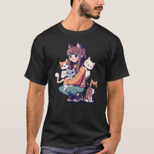Kawaii Cute Anime Girl with Cats Kawaii Cat Lover  T-Shirt
