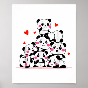 Kawaii Cute Baby Panda Pile With Red Hearts Valent Poster