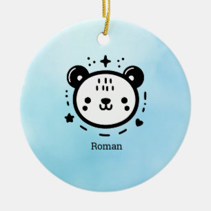 Kawaii cute Bear Face - Kawaii Minimalist Line Art Ceramic Tree Decoration