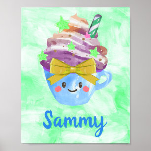 Kawaii Cute Beverage Drink Blue Kids Nursery Poster