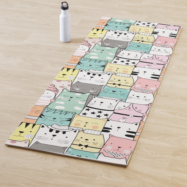 Kawaii Cute Big Cats Pattern Yoga Mat (In Situ)