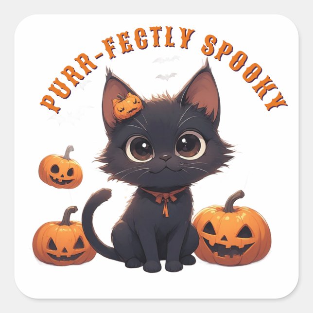 Kawaii Cute Black Cat Halloween 🎃 Square Sticker (Front)