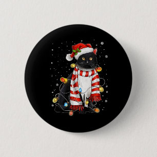 Kawaii Cute Black Cat Santa Tangled Up In Xmas Lig 6 Cm Round Badge