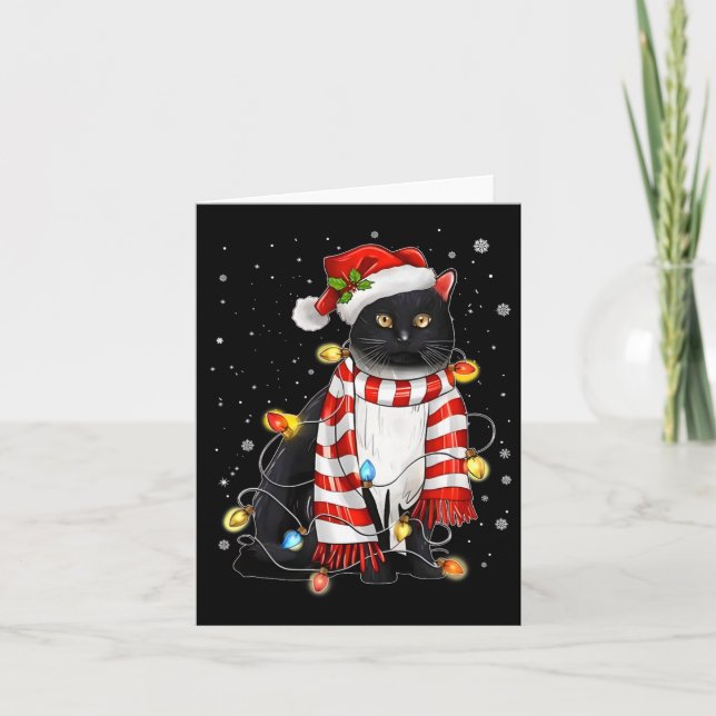 Kawaii Cute Black Cat Santa Tangled Up In Xmas Lig Card (Front)