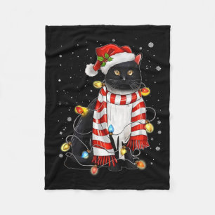 Kawaii Cute Black Cat Santa Tangled Up In Xmas Lig Fleece Blanket