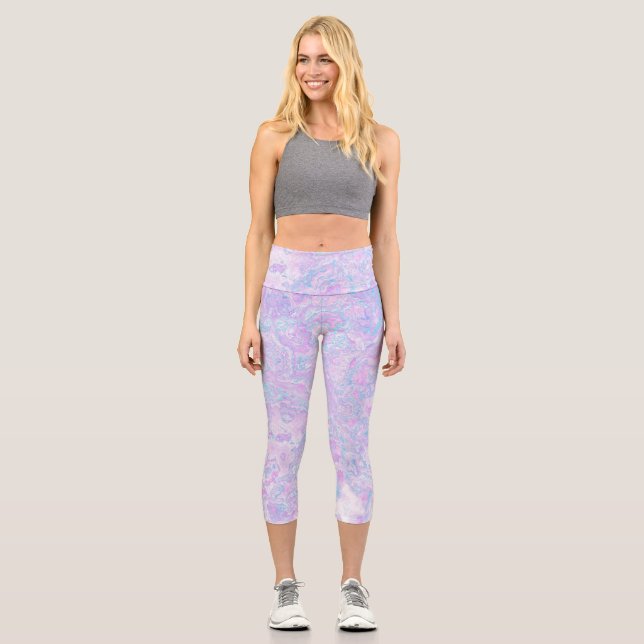 Kawaii Cute Boho Swirly Pastel Cotton Candy Marble Capri Leggings (Front)