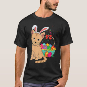 Kawaii Cute Cat Bunny Rabbit Eats Egg Happy Easter T-Shirt