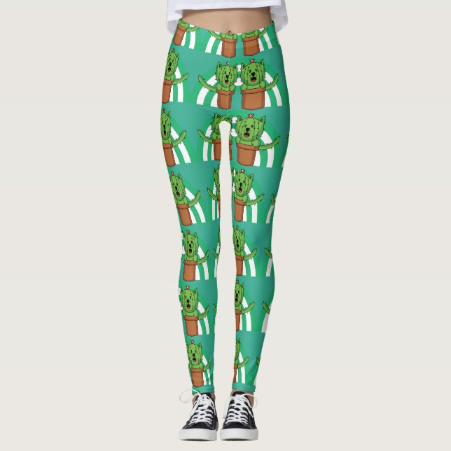 Kawaii Cute Cat Cactus Plant Pet  Leggings (Front)