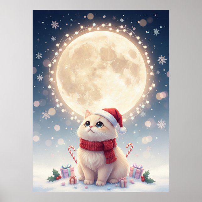 Kawaii Cute Cat Christmas With Moon Poster (Front)