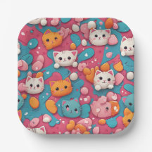 Kawaii Cute Cat Pattern Print Paper Plates