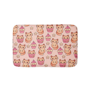 Kawaii Cute Cats and Cupcakes Pink Pattern Bath Mat