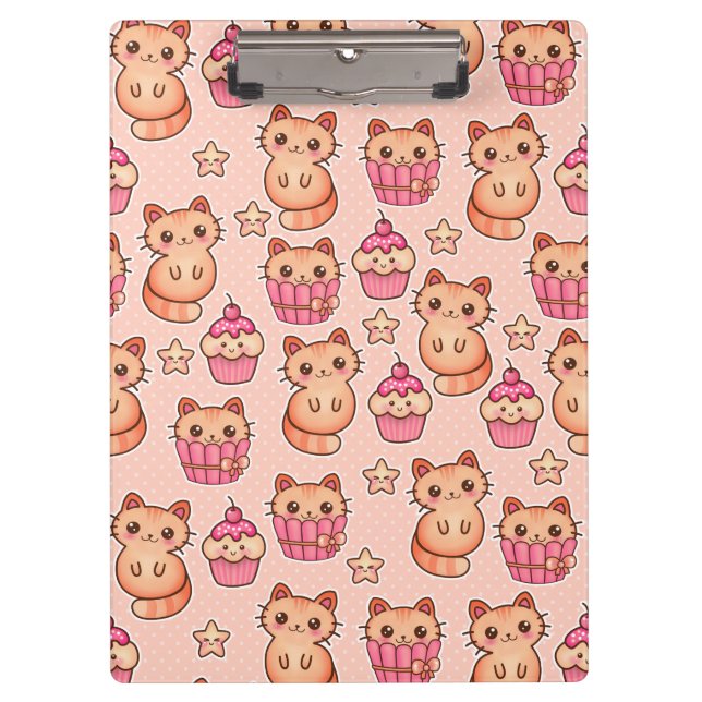 Kawaii Cute Cats and Cupcakes Pink Pattern Clipboard (Front)