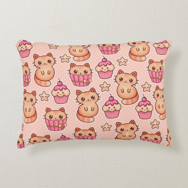 Kawaii Cute Cats and Cupcakes Pink Pattern Decorative Cushion (Front)