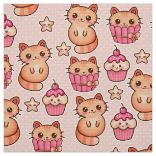 Kawaii Cute Cats and Cupcakes Pink Pattern Fabric