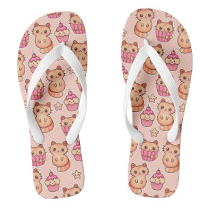 Kawaii Cute Cats and Cupcakes Pink Pattern Jandals