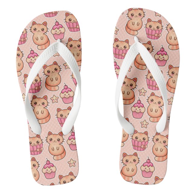 Kawaii Cute Cats and Cupcakes Pink Pattern Jandals (Footbed)