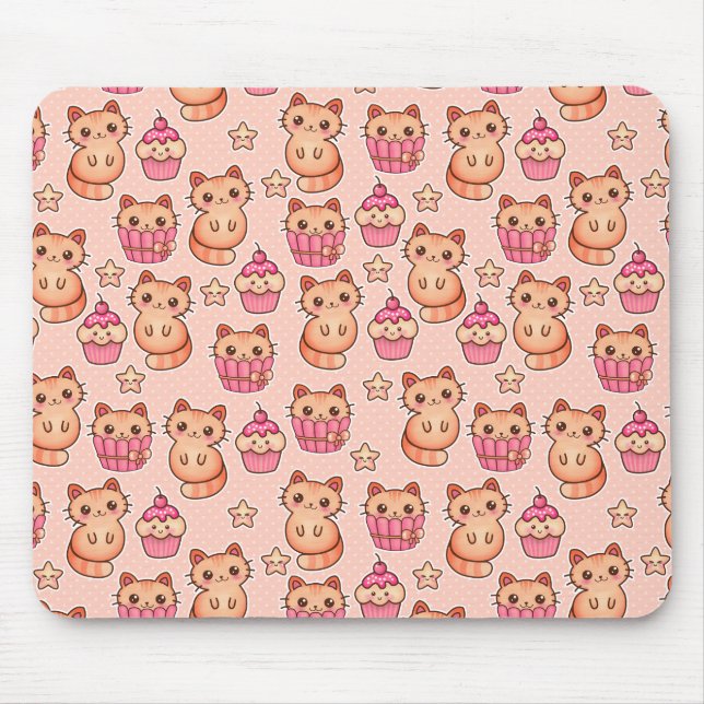 Kawaii Cute Cats and Cupcakes Pink Pattern Mouse Pad (Front)