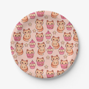 Kawaii Cute Cats and Cupcakes Pink Pattern Paper Plate