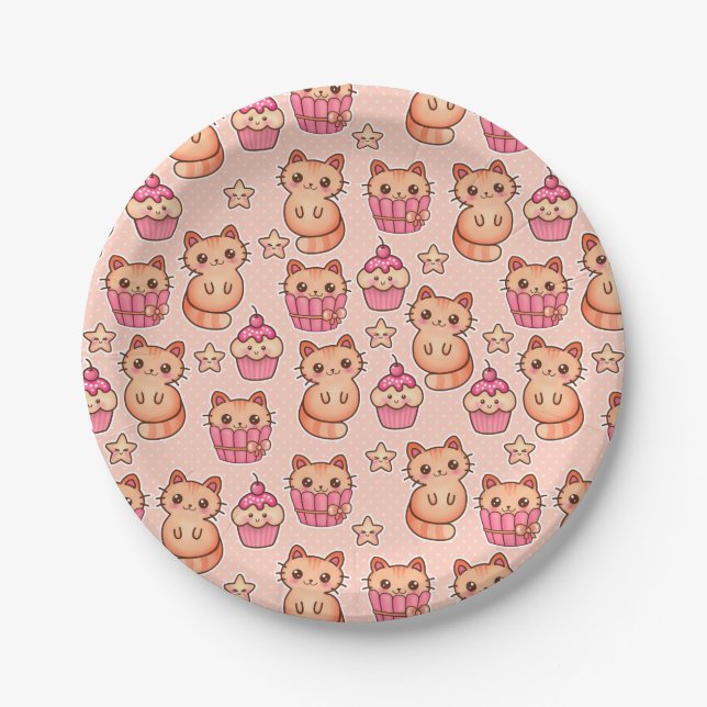 Kawaii Cute Cats and Cupcakes Pink Pattern Paper Plate (Front)