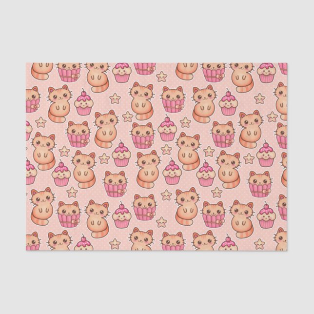 Kawaii Cute Cats and Cupcakes Pink Pattern Tissue Paper (Front)