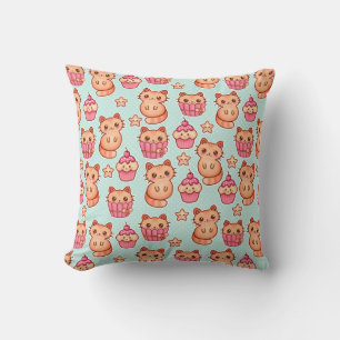 Kawaii Cute Cats Cupcakes Pink and Blue Pattern Cushion