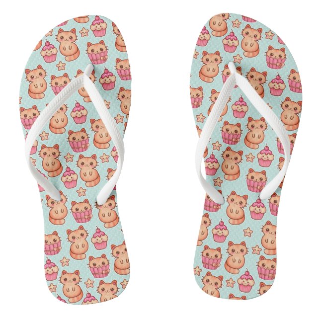 Kawaii Cute Cats Cupcakes Pink and Blue Pattern Jandals (Footbed)