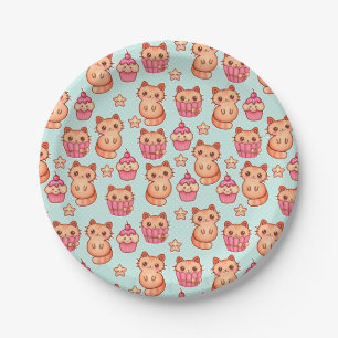 Kawaii Cute Cats Cupcakes Pink and Blue Pattern Paper Plate