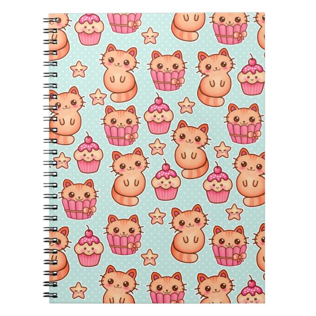 Kawaii Cute Cats Cupcakes Pink and Blue Pattern Spiral Notebook (Front)