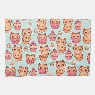 Kawaii Cute Cats Cupcakes Pink and Blue Pattern Tea Towel